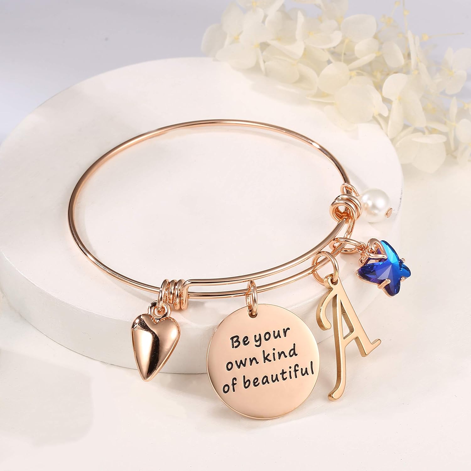 Personalized Butterfly Wisdom Bangle - Self-Love Initial Charm Bracelet - Inspirational Jewelry Gift