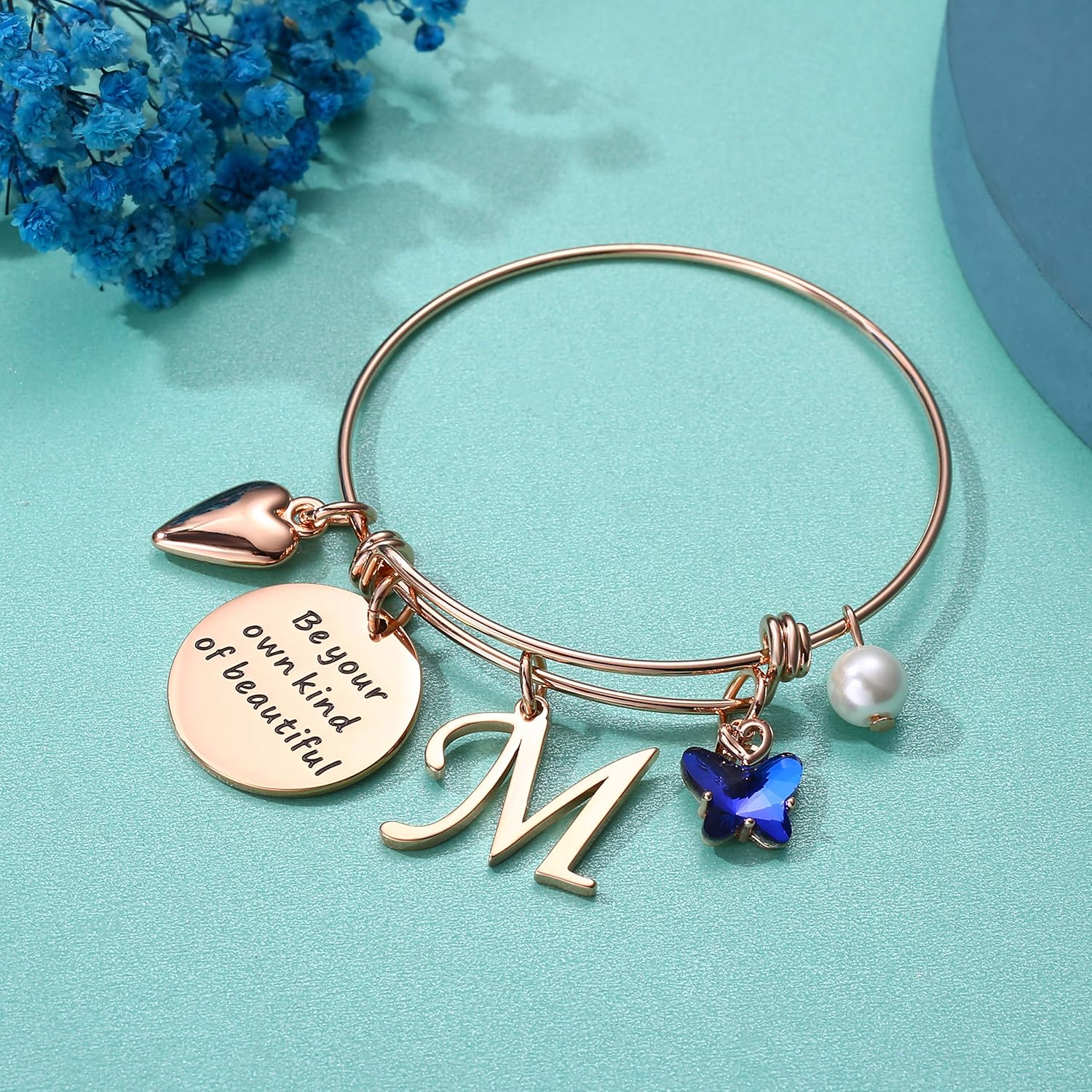 Personalized Butterfly Wisdom Bangle - Self-Love Initial Charm Bracelet - Inspirational Jewelry Gift