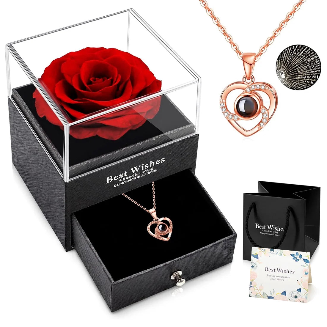 Forever Blooming Love - Preserved Rose & Projection Heart Necklace Gift Set